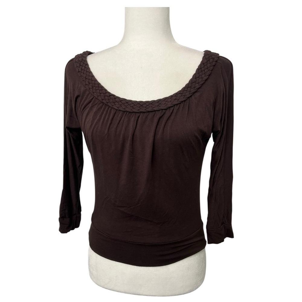 American Rag Brown Braided Collar 3/4 Sleeve Fitted Blouse